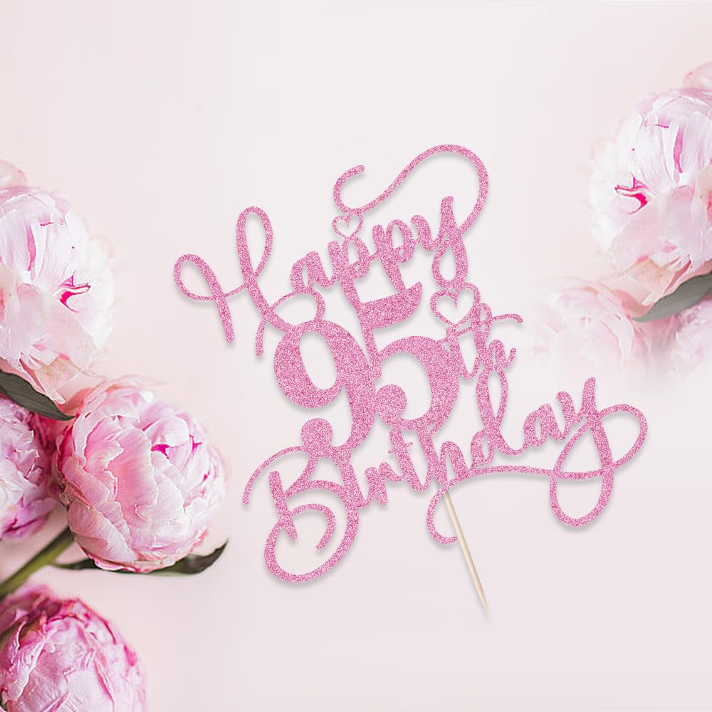 Bejotaa Pink Happy 95th Birthday Cake Topper – Glitter Cake Decoration for Milestones