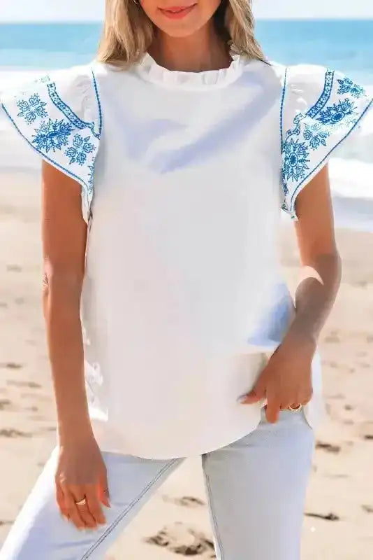 White Embroidered Ruffled Sleeve Frilled Collar Blouse Women UK