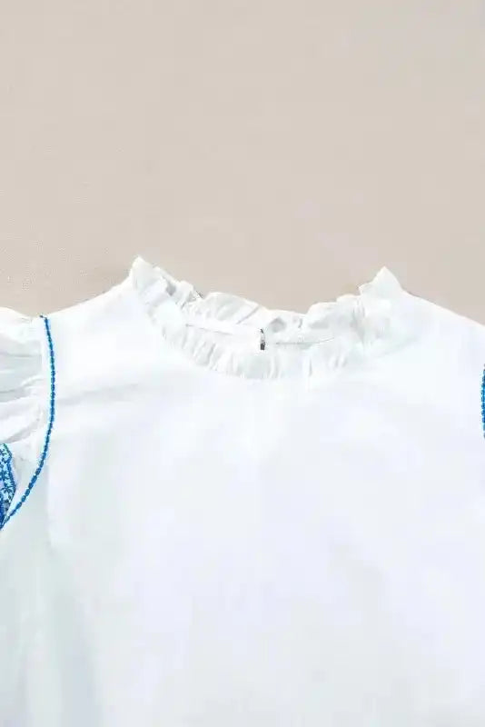 White Embroidered Ruffled Sleeve Frilled Collar Blouse Women UK