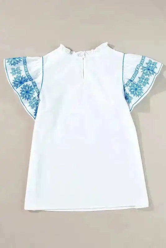 White Embroidered Ruffled Sleeve Frilled Collar Blouse Women UK