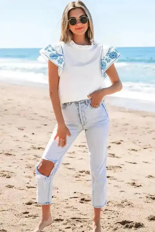 White Embroidered Ruffled Sleeve Frilled Collar Blouse Women UK