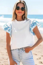 White Embroidered Ruffled Sleeve Frilled Collar Blouse Women UK