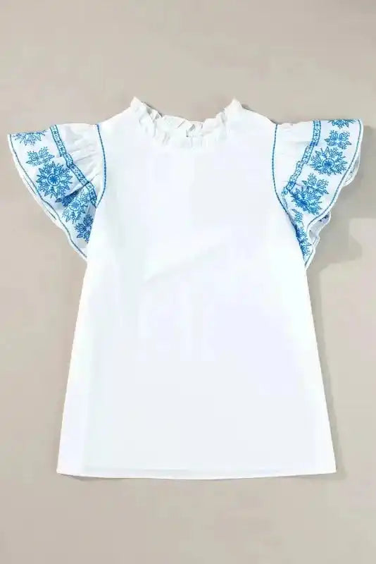 White Embroidered Ruffled Sleeve Frilled Collar Blouse Women UK
