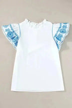 White Embroidered Ruffled Sleeve Frilled Collar Blouse Women UK