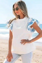 White Embroidered Ruffled Sleeve Frilled Collar Blouse Women UK