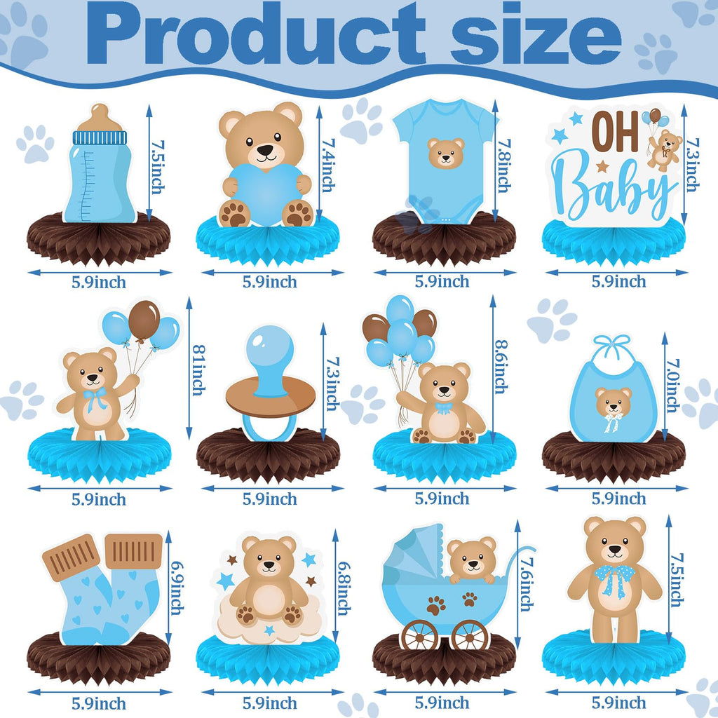 Bencailor 12 Bear Baby Shower Honeycomb Centerpieces – Neutral Cream & Blue Table Decorations