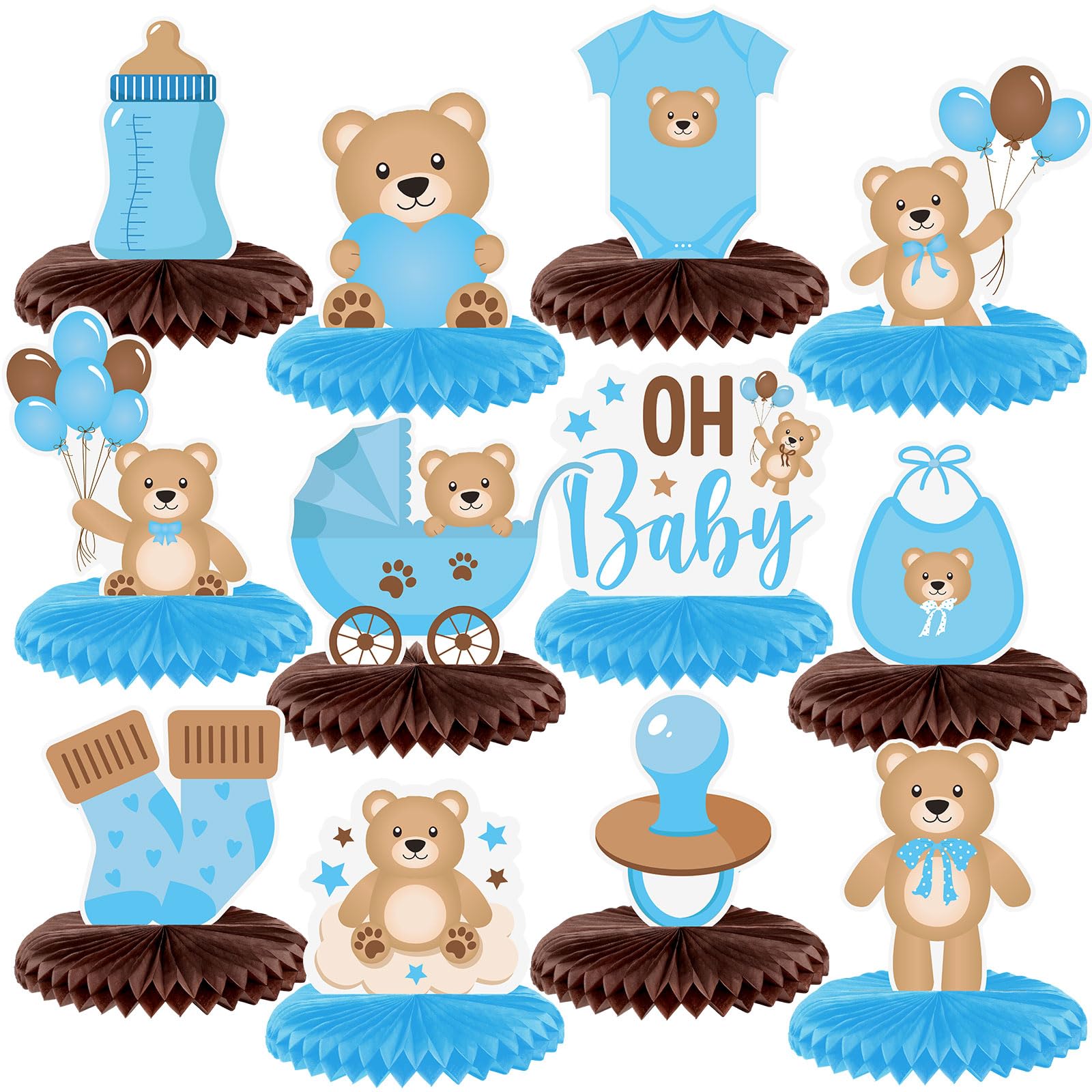 Bencailor 12 Bear Baby Shower Honeycomb Centerpieces – Neutral Cream & Blue Table Decorations