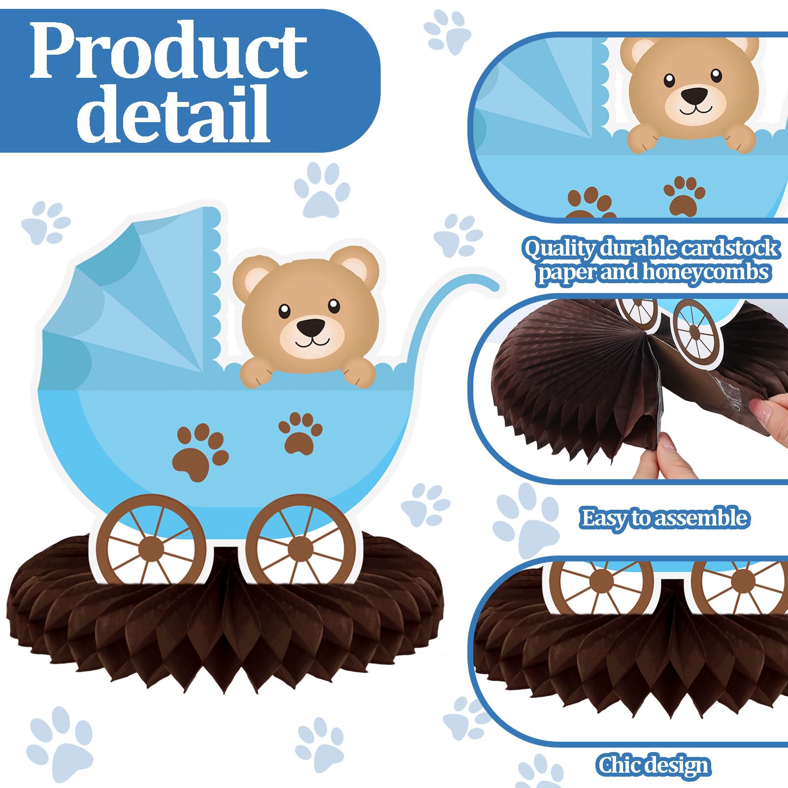 Bencailor 12 Bear Baby Shower Honeycomb Centerpieces – Neutral Cream & Blue Table Decorations
