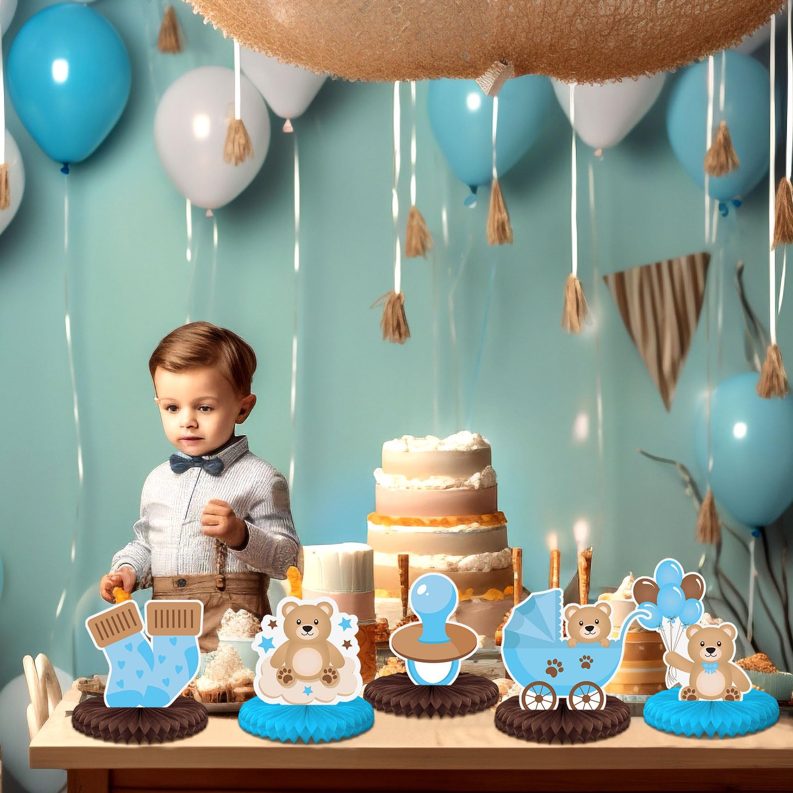 Bencailor 12 Bear Baby Shower Honeycomb Centerpieces – Neutral Cream & Blue Table Decorations