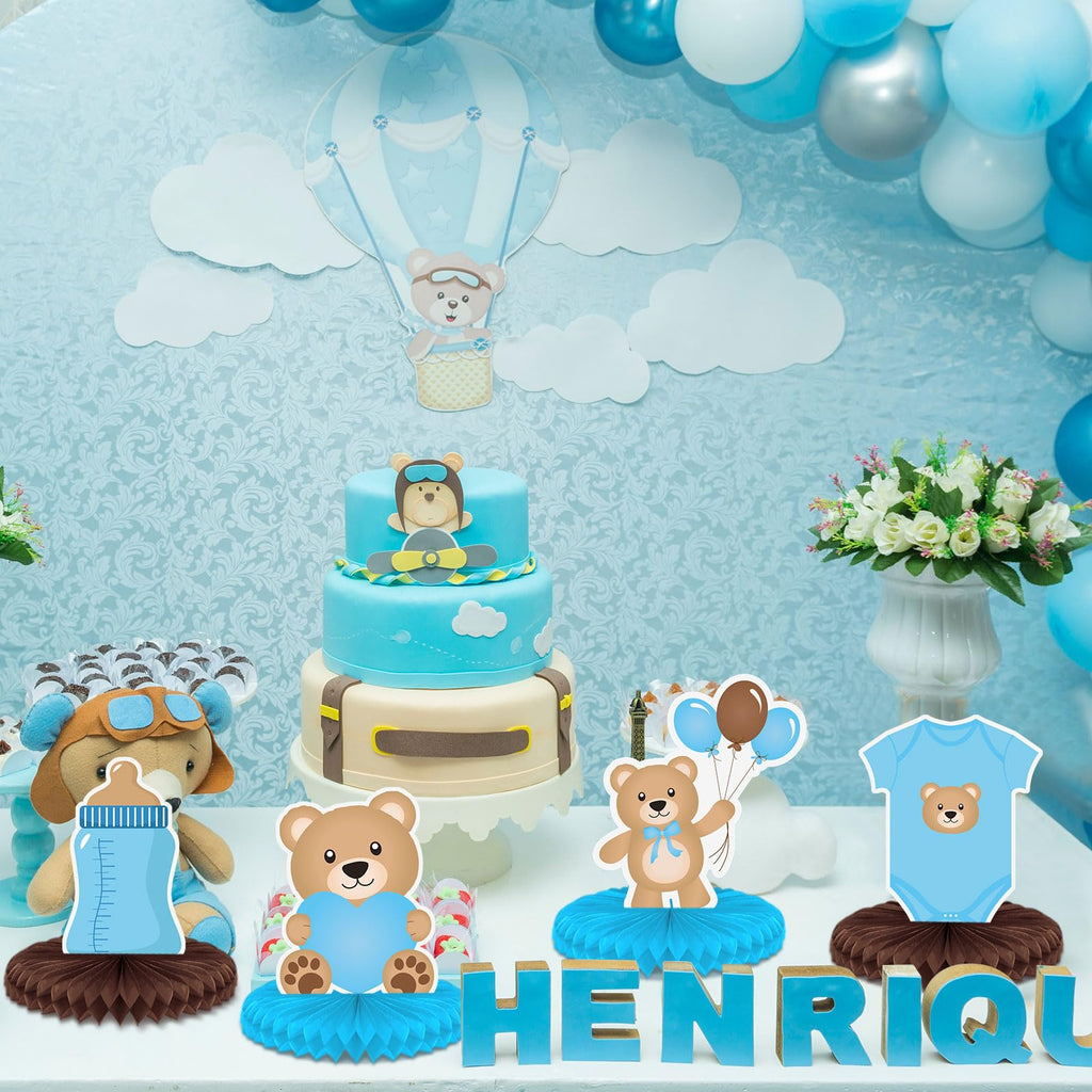 Bencailor 12 Bear Baby Shower Honeycomb Centerpieces – Neutral Cream & Blue Table Decorations