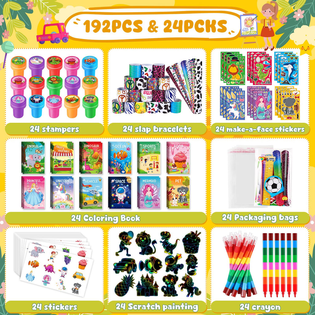 BenLouis 192Pcs Kids Party Favors: Mini Coloring Books, Crayons, Slap Bracelets & Stickers Set