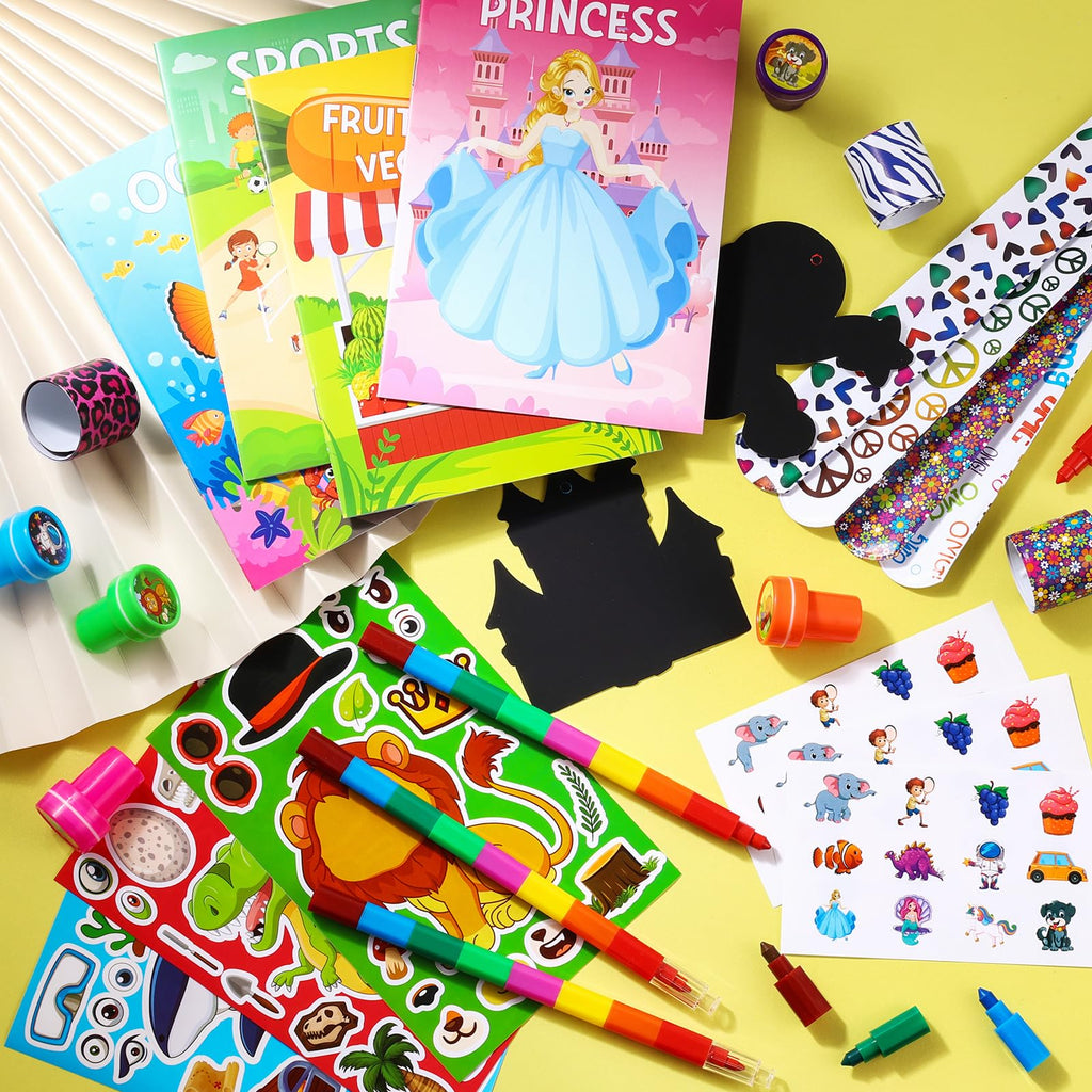BenLouis 192Pcs Kids Party Favors: Mini Coloring Books, Crayons, Slap Bracelets & Stickers Set