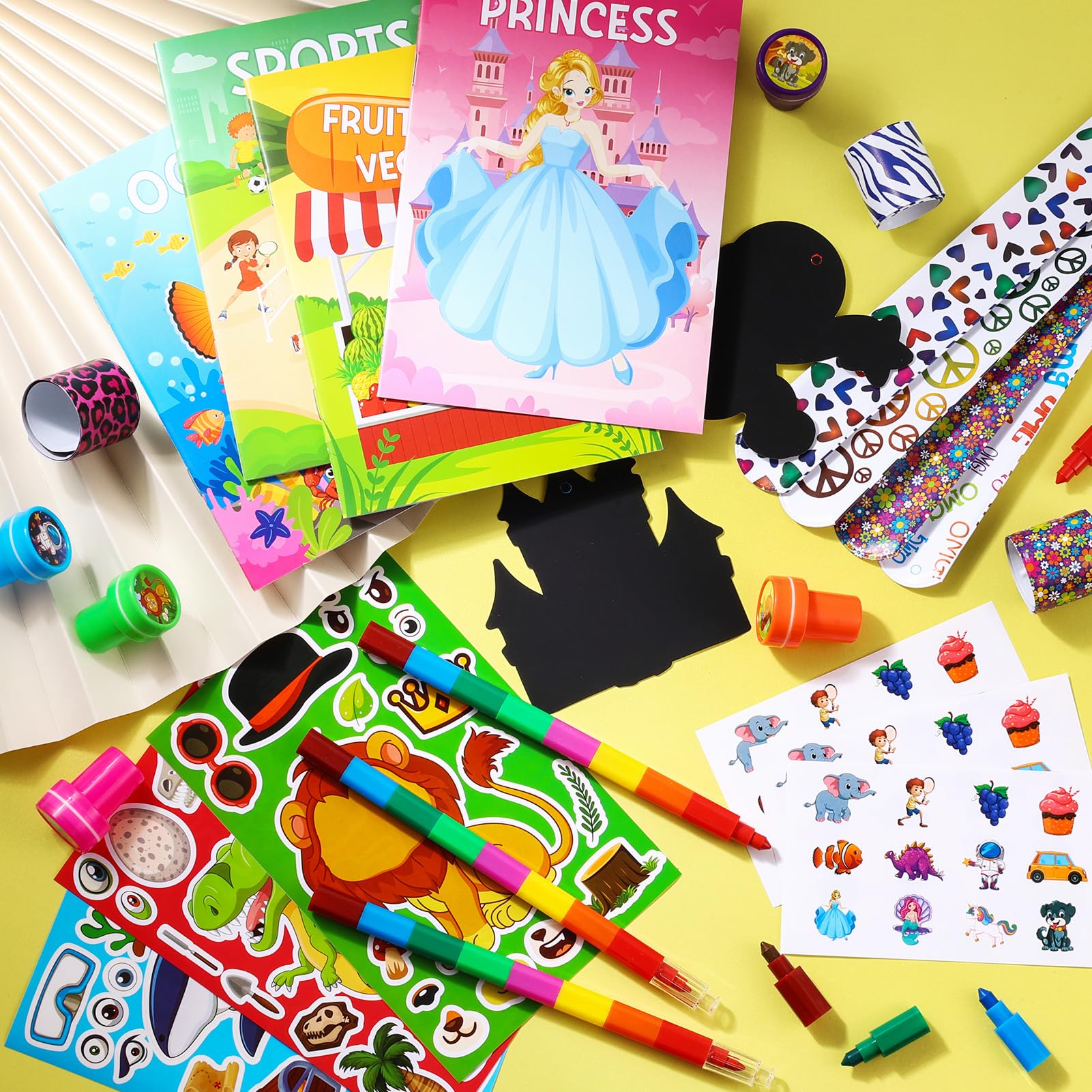 BenLouis 192Pcs Kids Party Favors: Mini Coloring Books, Crayons, Slap Bracelets & Stickers Set