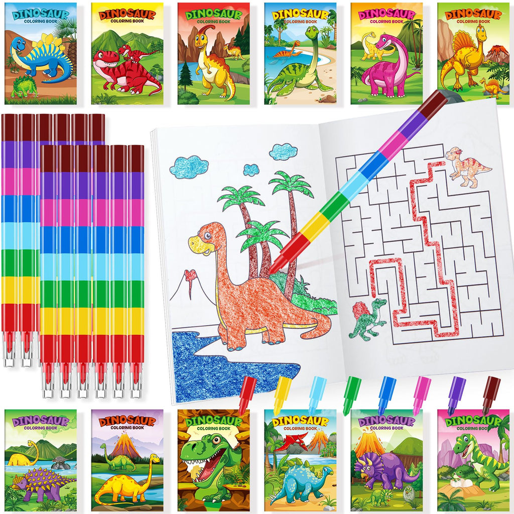 BenLouis 24 Dinosaur Mini Coloring Books with Stacking Crayons – Kids Party Favors & Classroom Activity Bulk