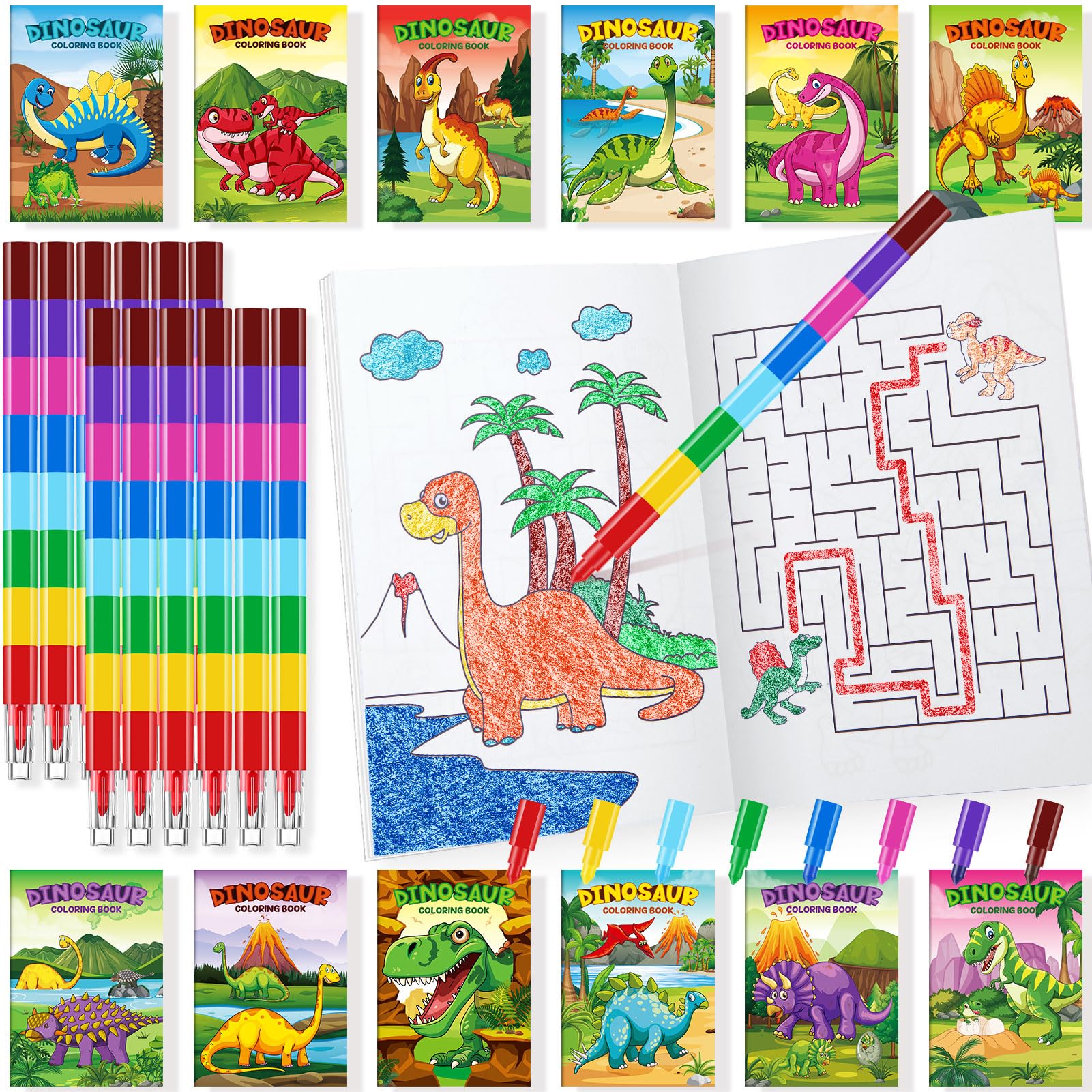 BenLouis 24 Dinosaur Mini Coloring Books with Stacking Crayons – Kids Party Favors & Classroom Activity Bulk