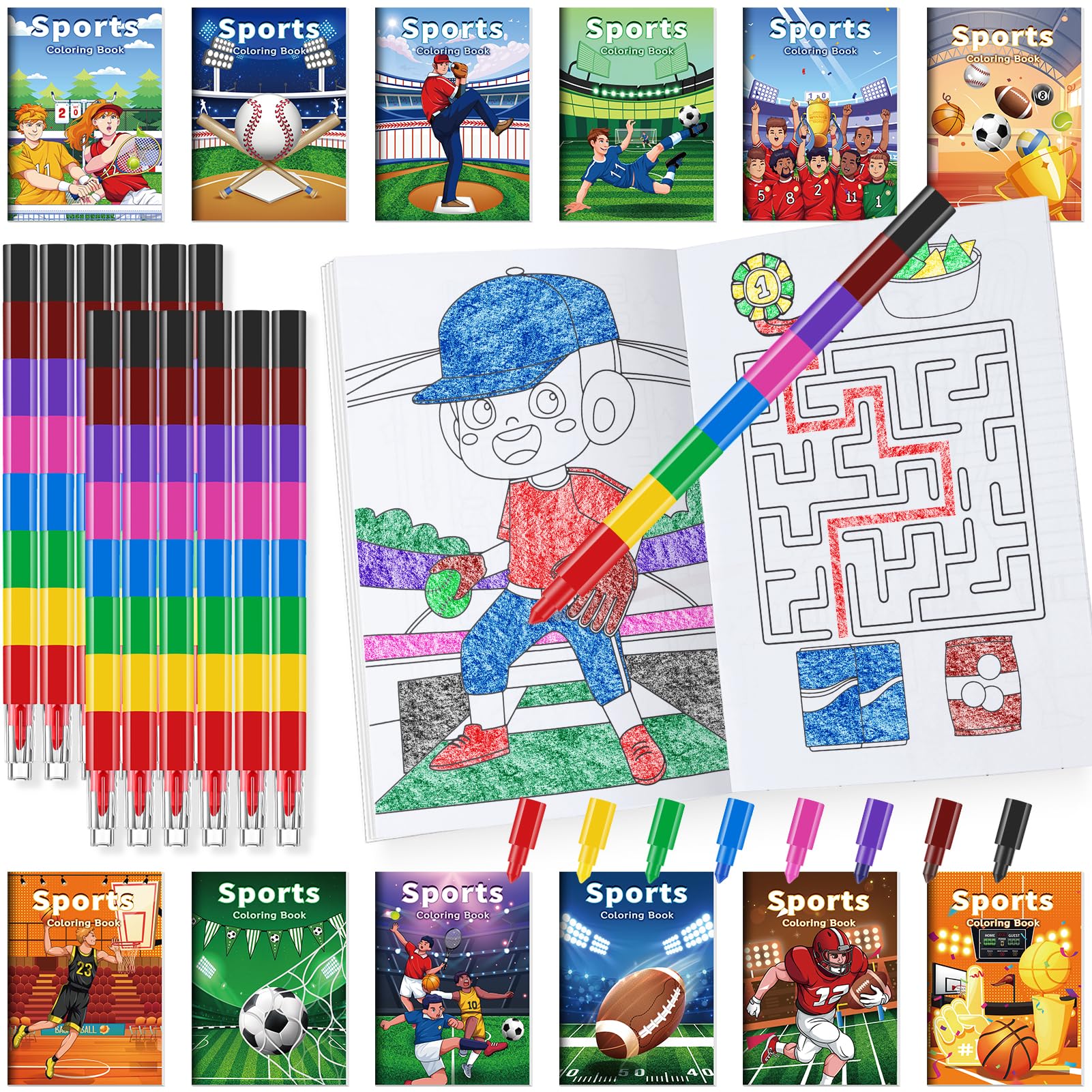 BenLouis 24 Sports Mini Coloring Books with 24 Stacking Crayons | Kids Party Favors & Classroom Activities