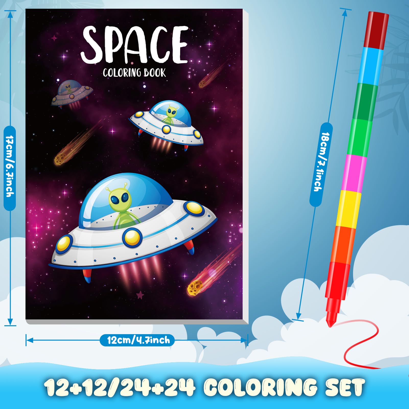 BenLouis 12 Outer Space Mini Coloring Books with Stacking Crayons – Kids Party Favors & Space Activity Set