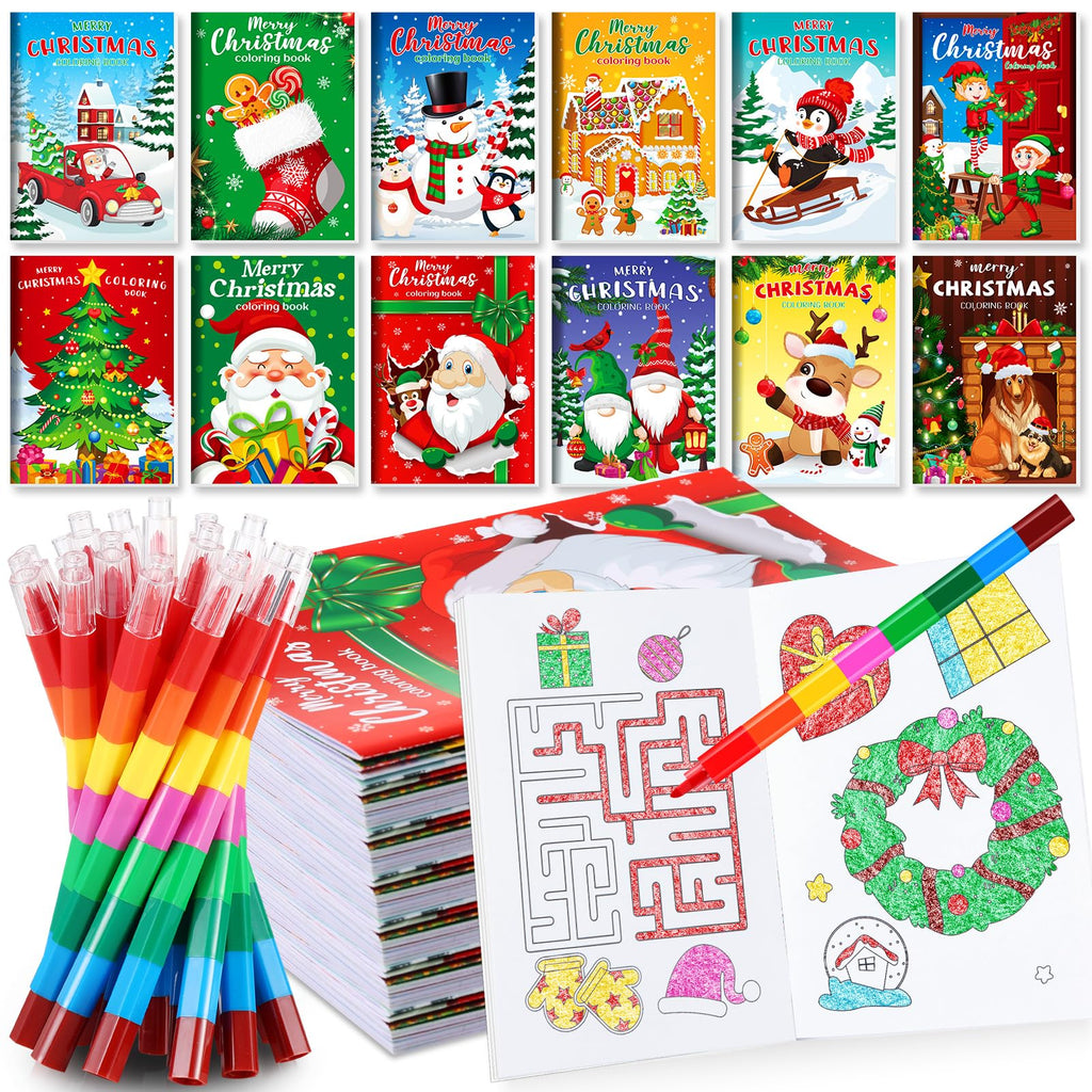 BenLouis 12 Christmas Mini Coloring Books with Stacking Crayons - Kids' Party Favors