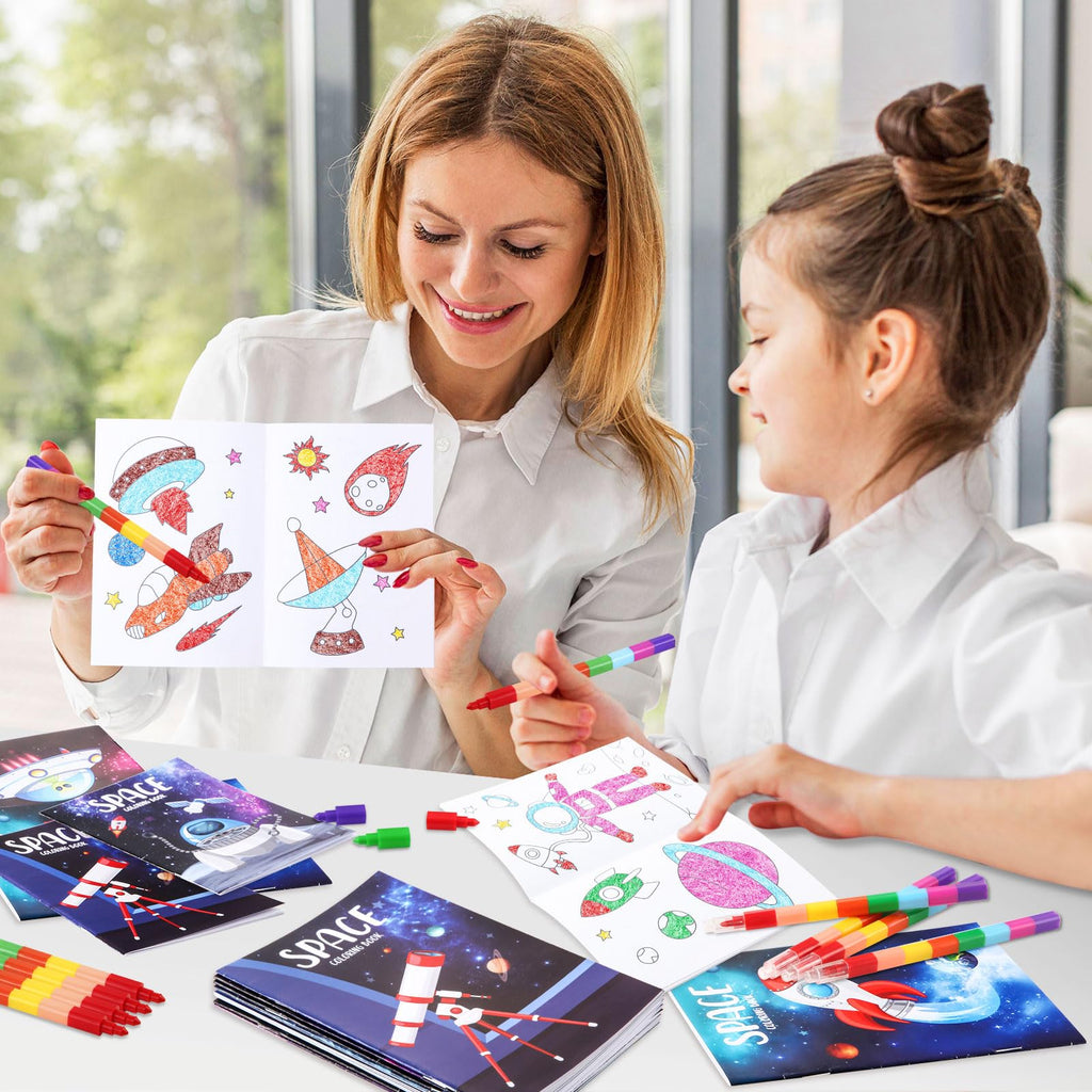 BenLouis 12 Outer Space Mini Coloring Books with Stacking Crayons – Kids Party Favors & Space Activity Set