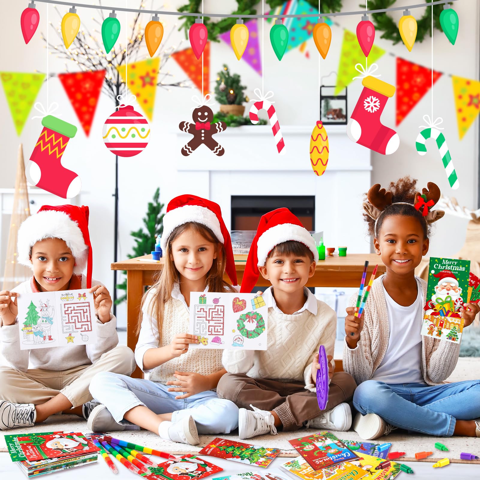 BenLouis 12 Christmas Mini Coloring Books with Stacking Crayons - Kids' Party Favors