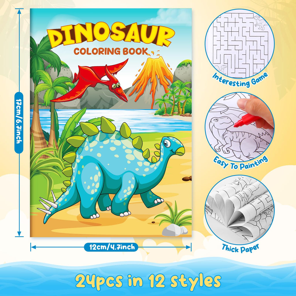 BenLouis 24 Dinosaur Mini Coloring Books with Stacking Crayons – Kids Party Favors & Classroom Activity Bulk