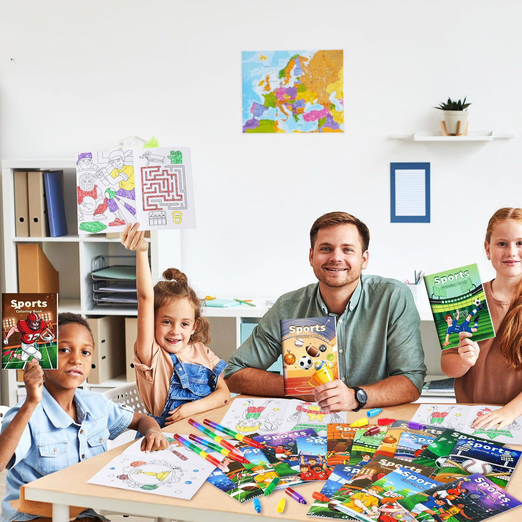 BenLouis 24 Sports Mini Coloring Books with 24 Stacking Crayons | Kids Party Favors & Classroom Activities