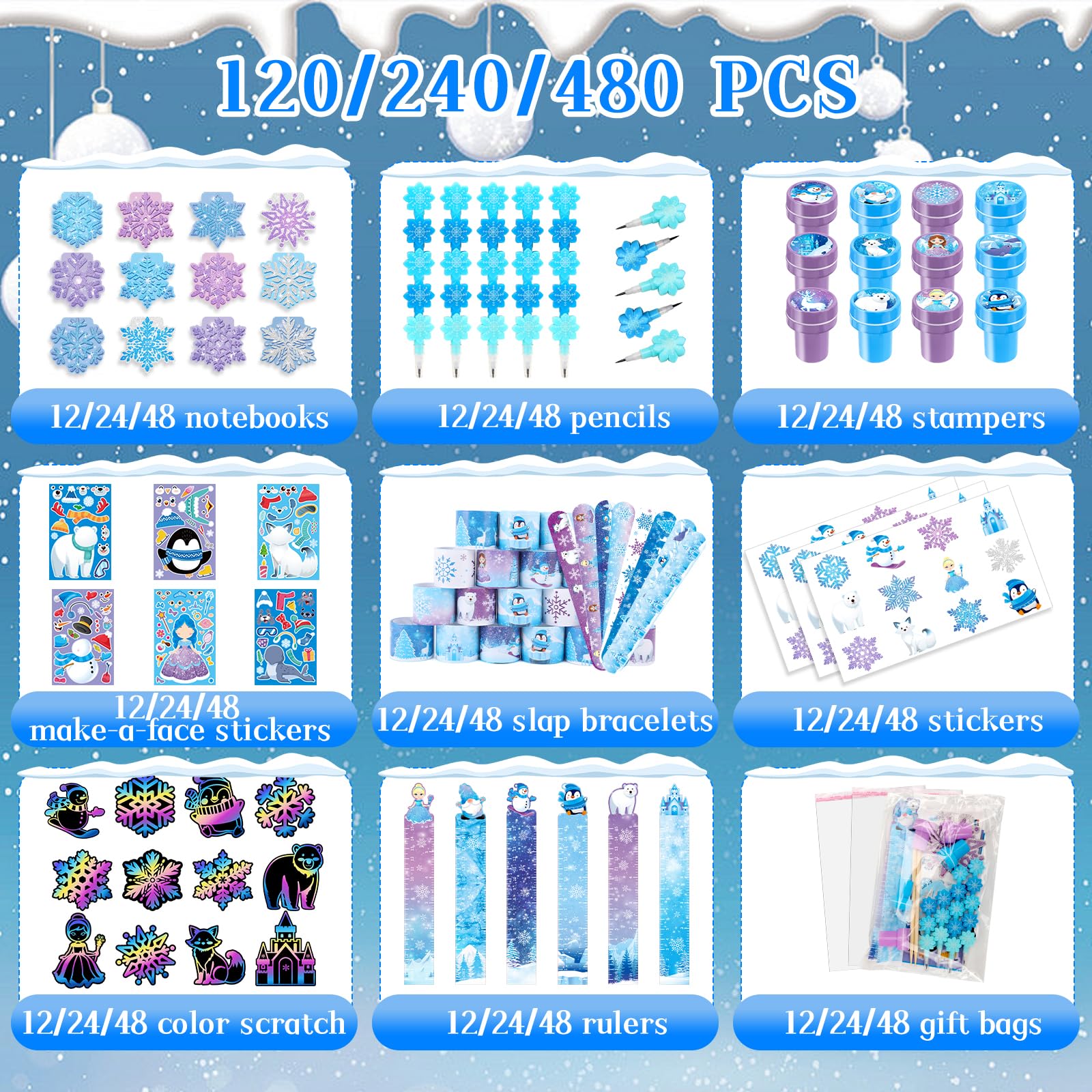 BenLouis 432Pcs Frozen School Stationery Set – Winter Snowflake Classroom Favors & Party Prizes