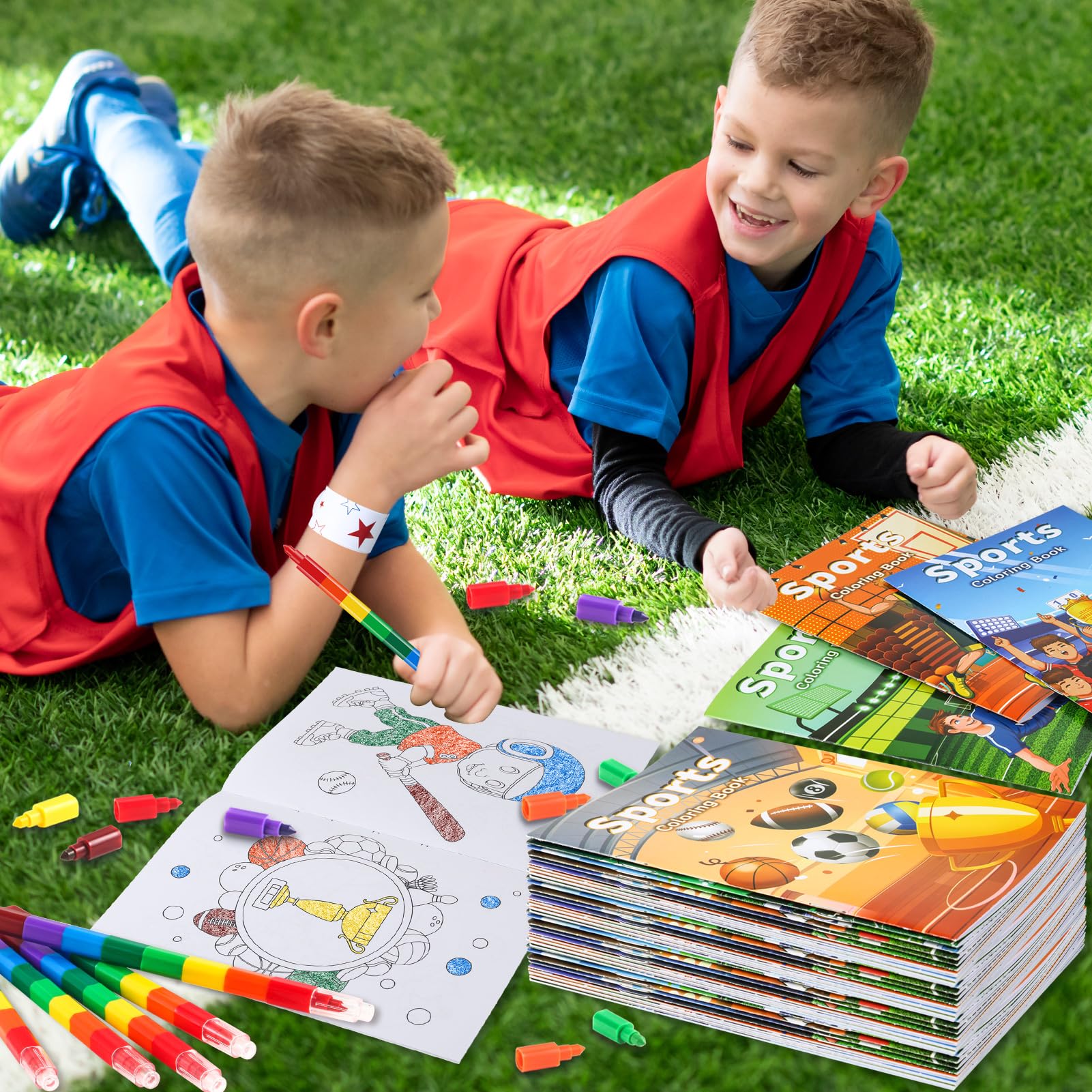 BenLouis 24 Sports Mini Coloring Books with 24 Stacking Crayons | Kids Party Favors & Classroom Activities