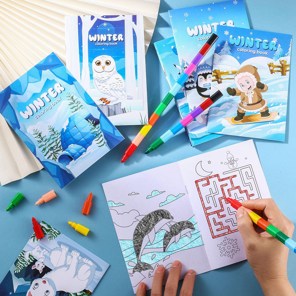 BenLouis 12 Winter Mini Coloring Books with Stacking Crayons – Kids Party Favors