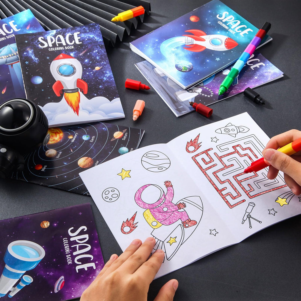 BenLouis 12 Outer Space Mini Coloring Books with Stacking Crayons – Kids Party Favors & Space Activity Set