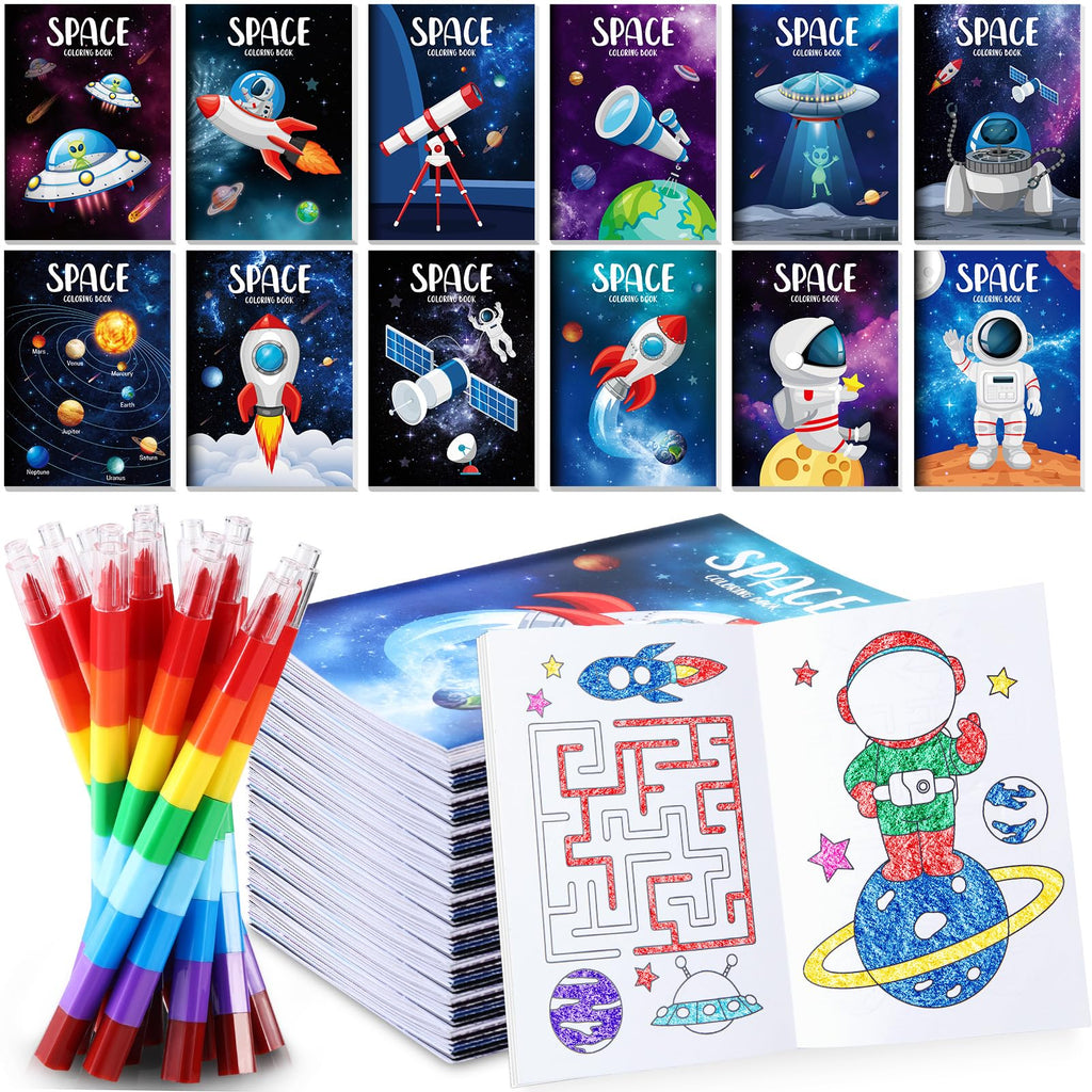BenLouis 12 Outer Space Mini Coloring Books with Stacking Crayons – Kids Party Favors & Space Activity Set