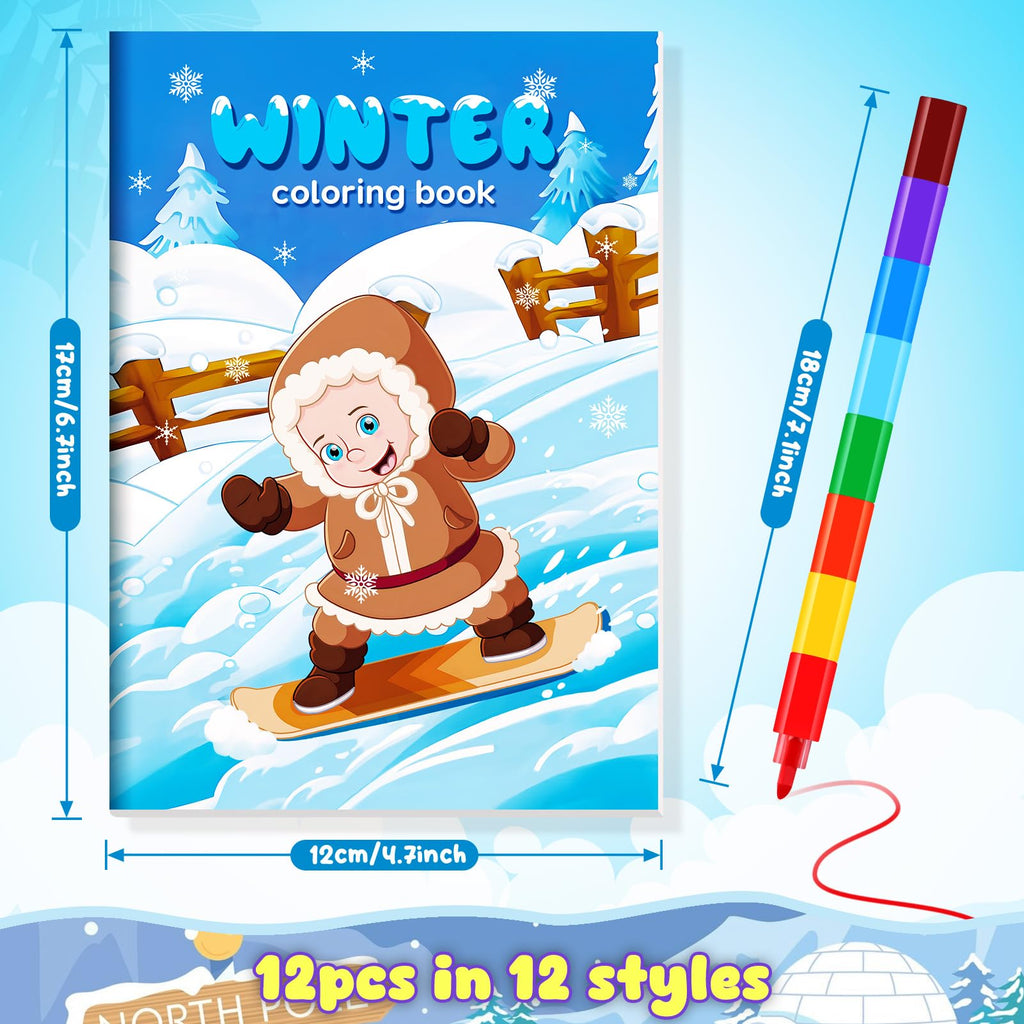 BenLouis 12 Winter Mini Coloring Books with Stacking Crayons – Kids Party Favors