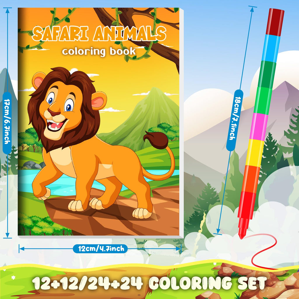 BenLouis 12 Jungle Safari Mini Coloring Books with Stacking Crayons – Zoo Animals Kids Party Favors