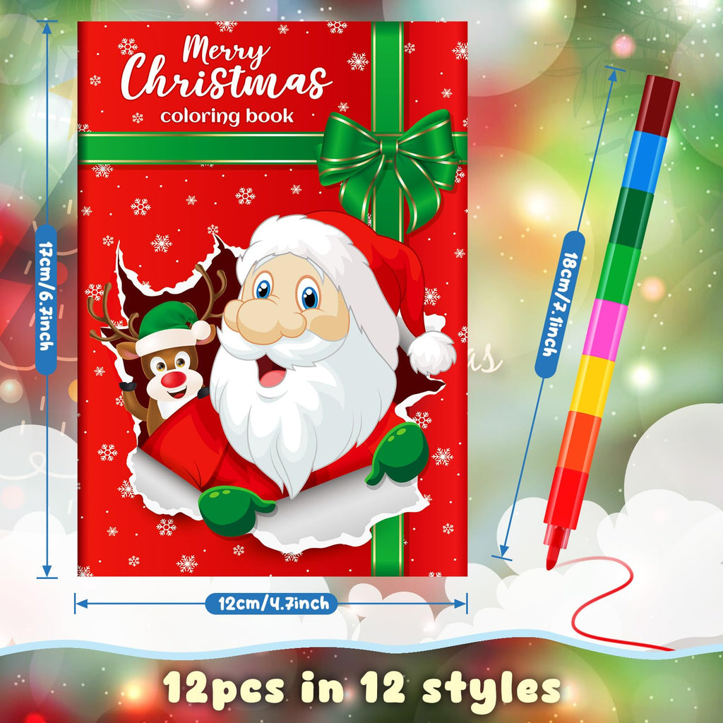 BenLouis 12 Christmas Mini Coloring Books with Stacking Crayons - Kids' Party Favors