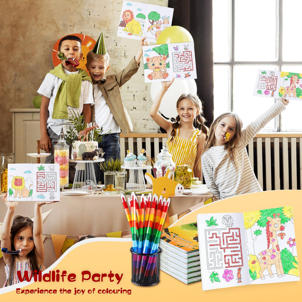 BenLouis 12 Jungle Safari Mini Coloring Books with Stacking Crayons – Zoo Animals Kids Party Favors