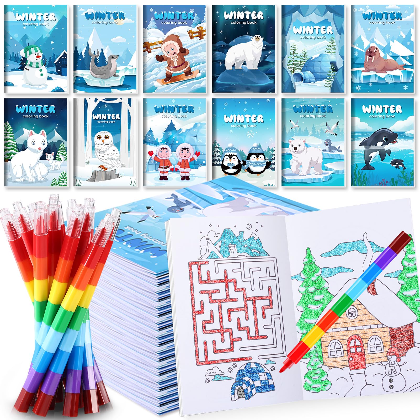 BenLouis 12 Winter Mini Coloring Books with Stacking Crayons – Kids Party Favors