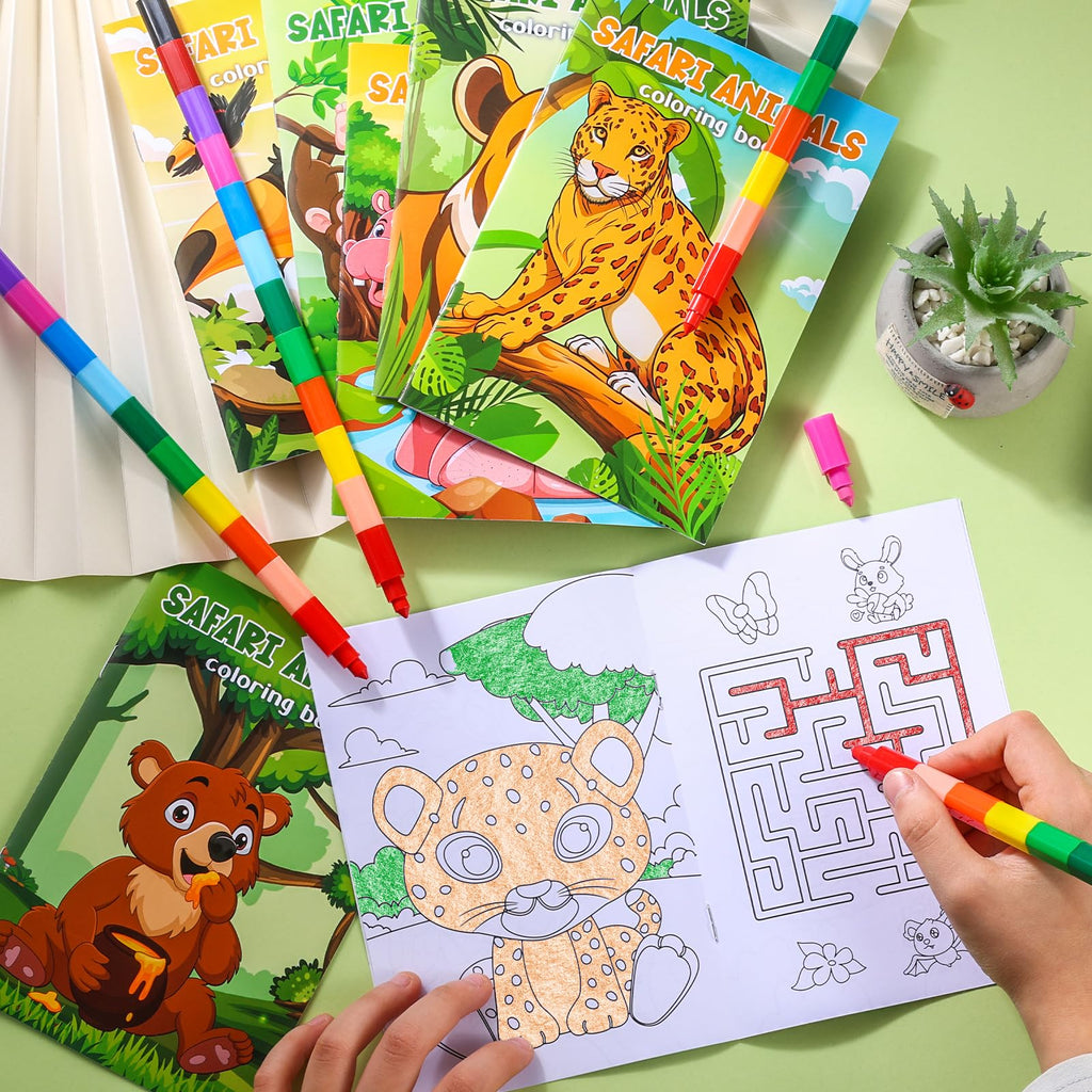 BenLouis 12 Jungle Safari Mini Coloring Books with Stacking Crayons – Zoo Animals Kids Party Favors