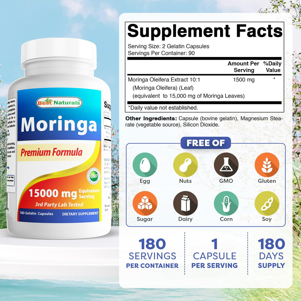 Best Naturals Moringa Extract 10:1 1500mg – 180 Capsules | Superfood for Healthy Wellbeing