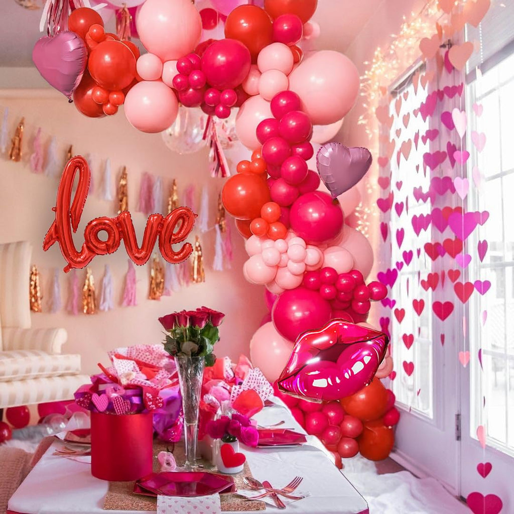 Besttideyes Galentines Day Balloon Garland Arch Kit – Red Hot Pink & Macaron Pink with Heart Lip Balloons