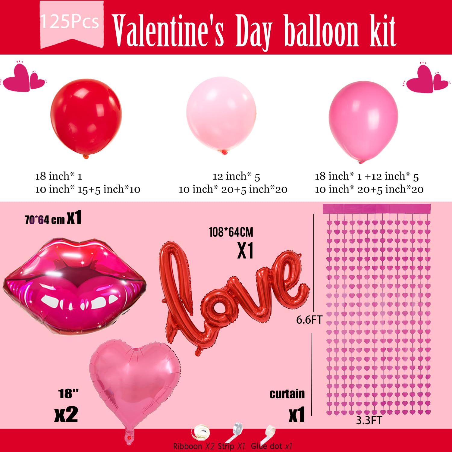 Besttideyes Galentines Day Balloon Garland Arch Kit – Red Hot Pink & Macaron Pink with Heart Lip Balloons