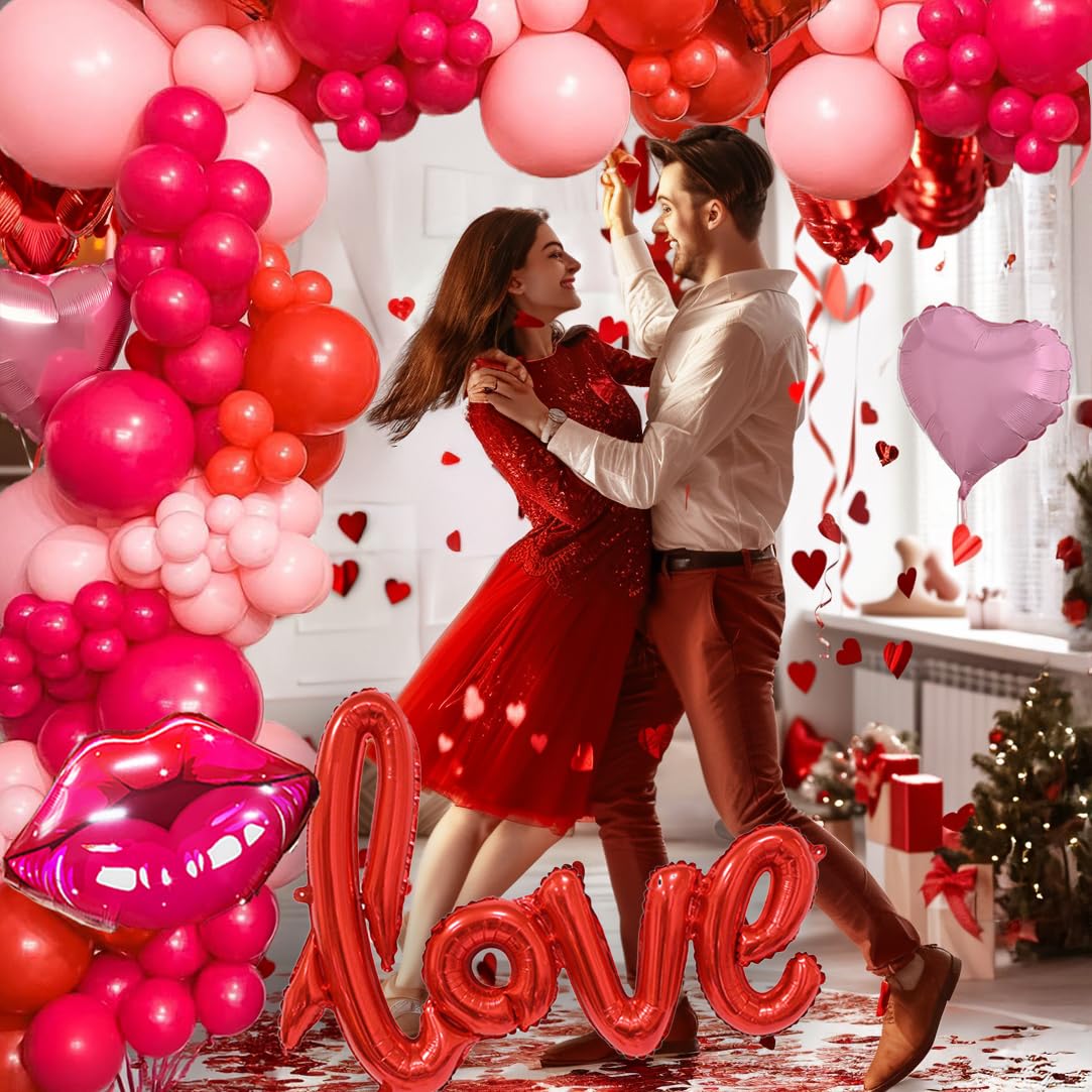 Besttideyes Galentines Day Balloon Garland Arch Kit – Red Hot Pink & Macaron Pink with Heart Lip Balloons