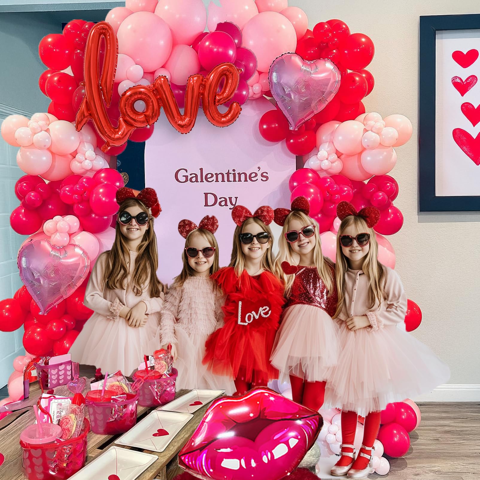 Besttideyes Galentines Day Balloon Garland Arch Kit – Red Hot Pink & Macaron Pink with Heart Lip Balloons