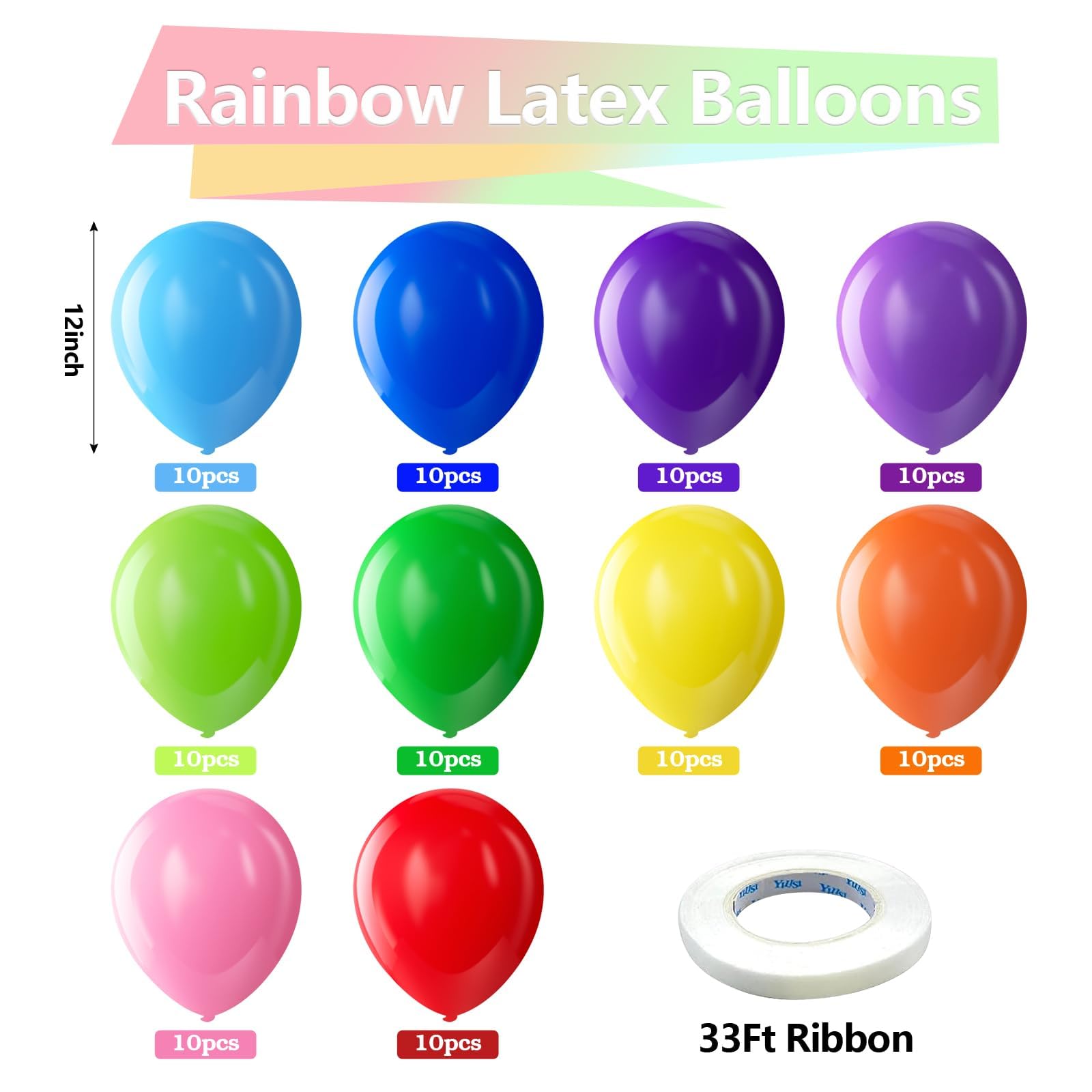 Bezente Assorted Rainbow Latex Balloons – 100 Pack, 12-Inch, Bright Party Decor