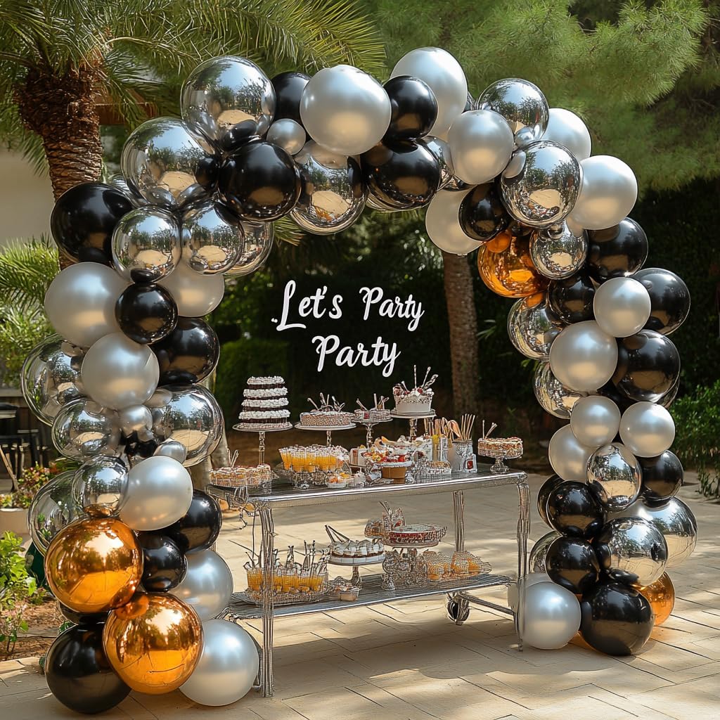 Bezente Black Silver Confetti Latex Balloons – 60pc, 12inch Set for New Year, Weddings & Parties