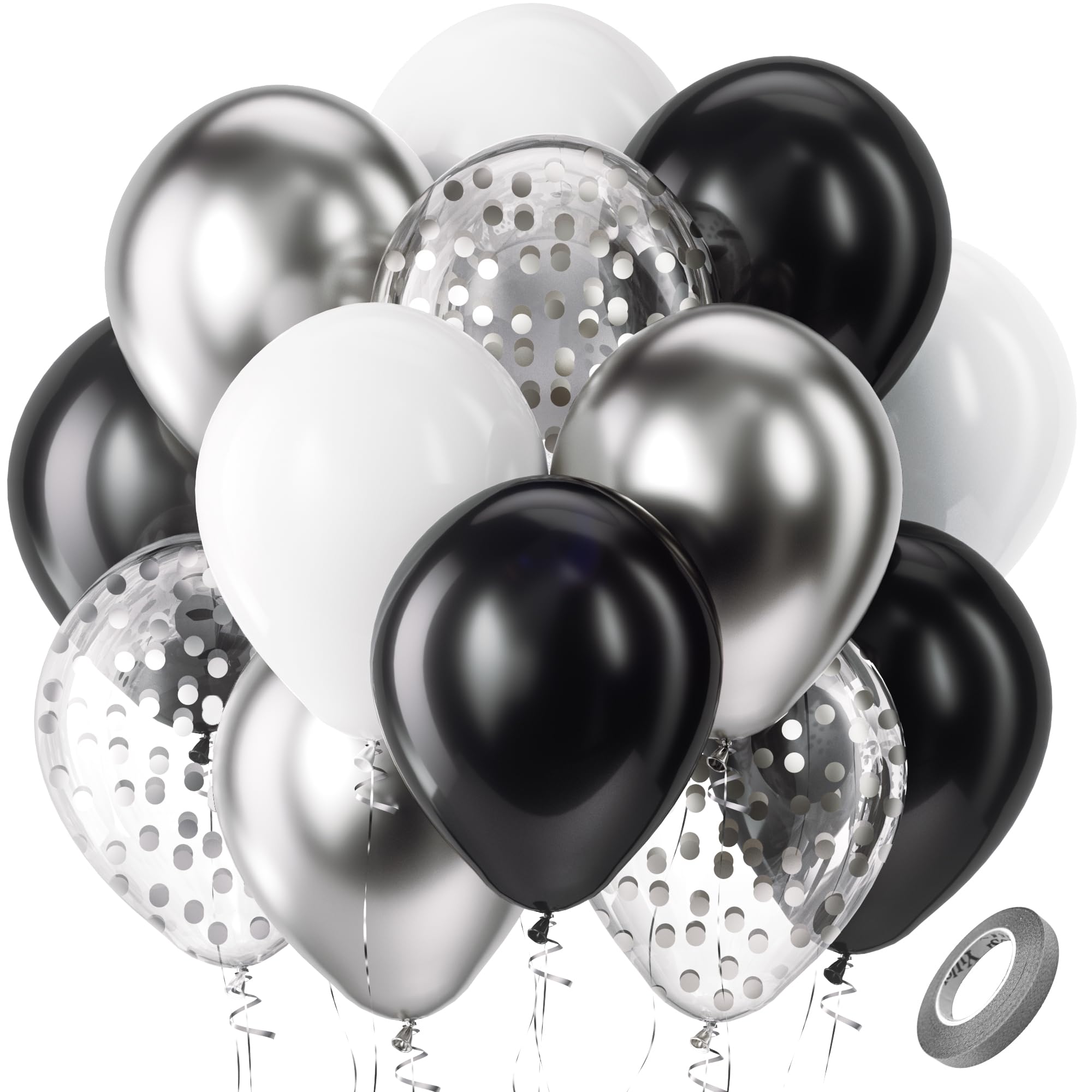 Bezente Black Silver Confetti Latex Balloons – 60pc, 12inch Set for New Year, Weddings & Parties