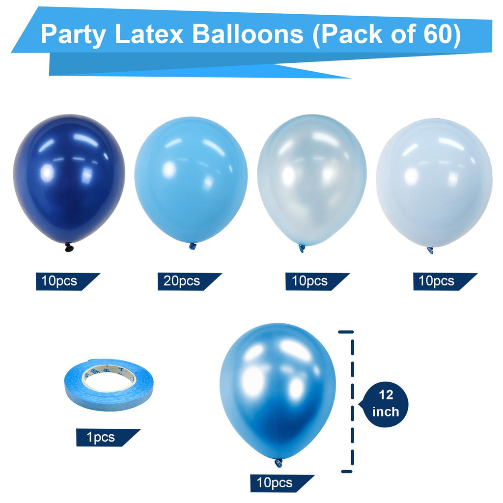 Bezente Blue Balloons Set – 60pc 12in Latex Balloons for Party Decor