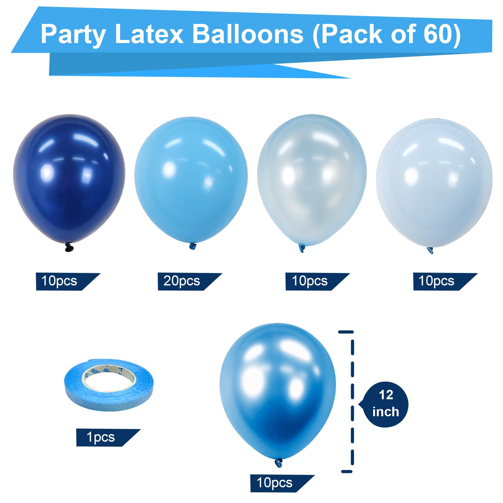 Bezente Blue Balloons Set – 60pc 12in Latex Balloons for Party Decor