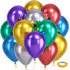 Bezente Metallic Chrome Latex Balloons – 100 Pack, 12 Inch, Assorted Colors with Gold Ribbon