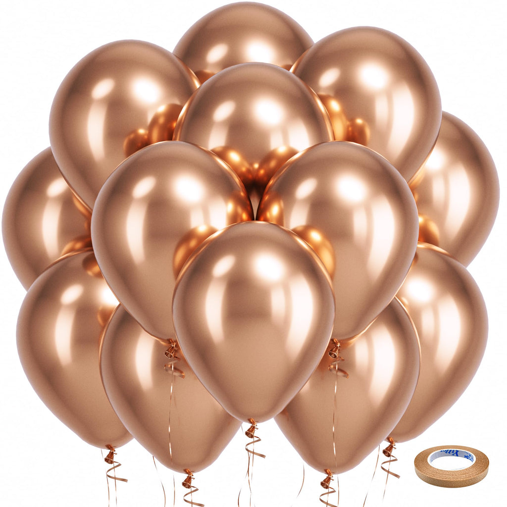 Bezente Rose Gold Metallic Chrome Balloons – 100 Pack, 12-inch Latex, Helium Ready