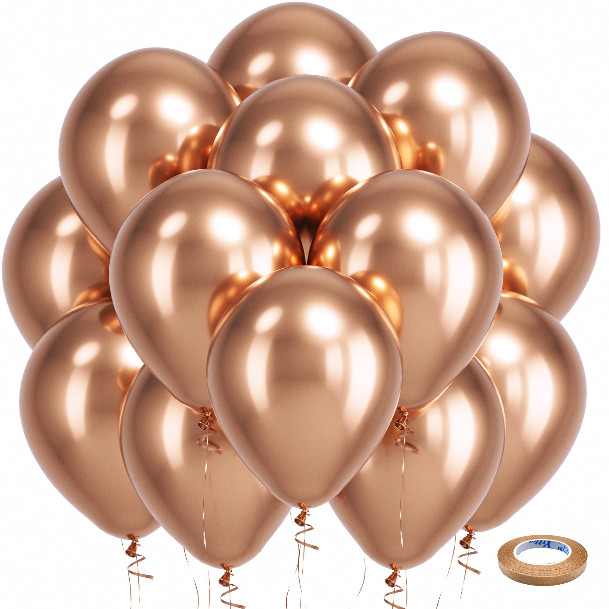 Bezente Rose Gold Metallic Chrome Balloons – 100 Pack, 12-inch Latex, Helium Ready